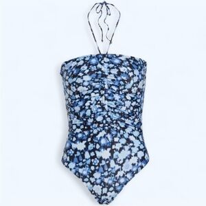 Ganni Ruched Floral-Print Halterneck Swimsuit In Blue